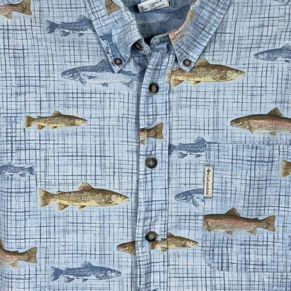 Columbia X-Large Mens River Lodge Shirt Button-Up Fish Short Sleeve Pocket Blue - Picture 2 of 5